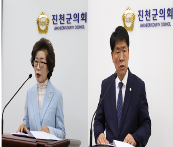 진천군의회 김기복 의원(사진 좌)과 임정열 의원이 5분 자유발언을 하고 있다.